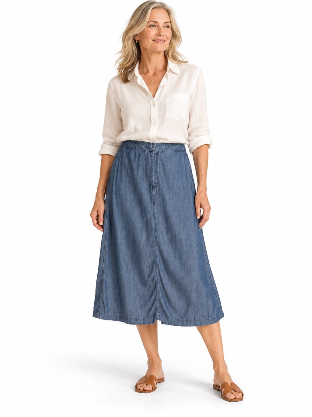 COLDWATER CREEK Size 20 Lyocell Denim Chambray Midi Skirt Blue A-Line Western